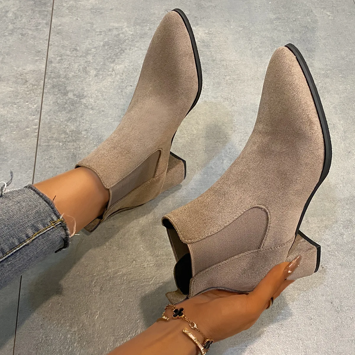 2023 Autumn Winter Women Boots Pointed Toe Slip on Female Ankle Booties Fashion Simple Low Heel Short Chelsea Boots Botas Mujer