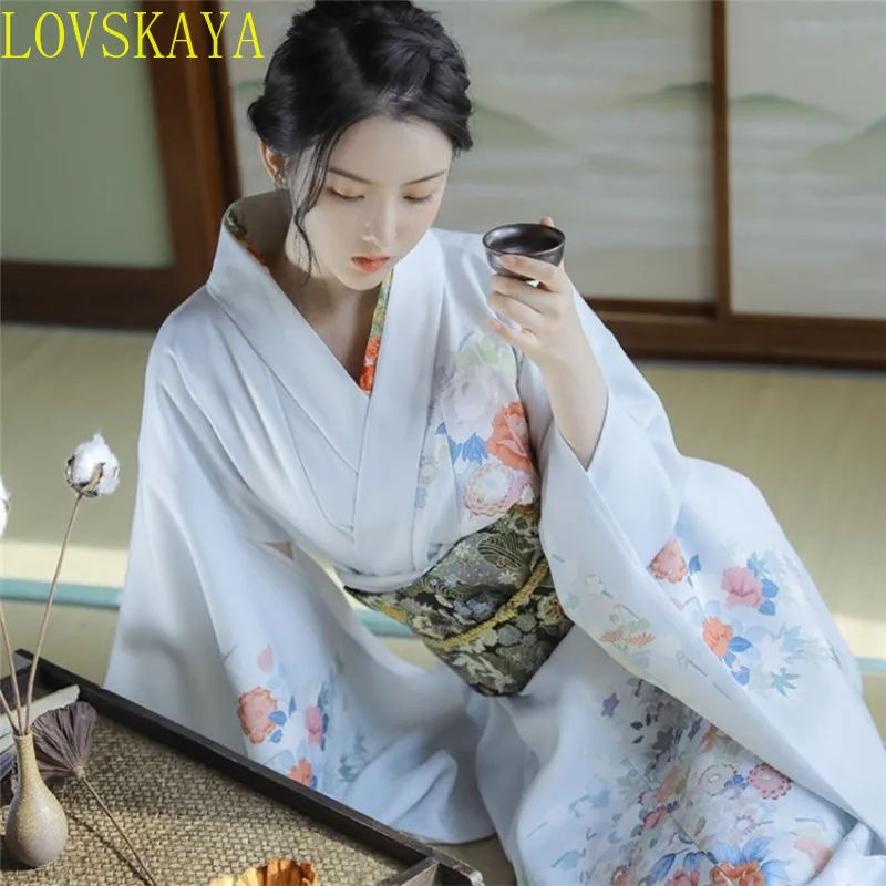 Summer Women's Japanese Haori Kimono with Flower Pattern Geisha Retro Stage Performance Costume Photography