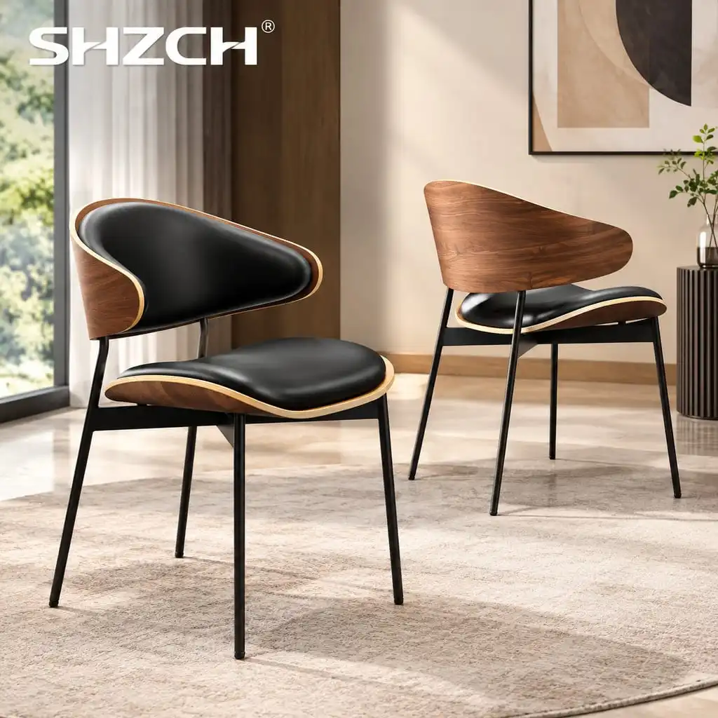 Light Luxury Dining Chairs Curved Wood Upholstered Leather Seat Café Chairs Solid Wood Home Office Desk Chairs Metals Legs