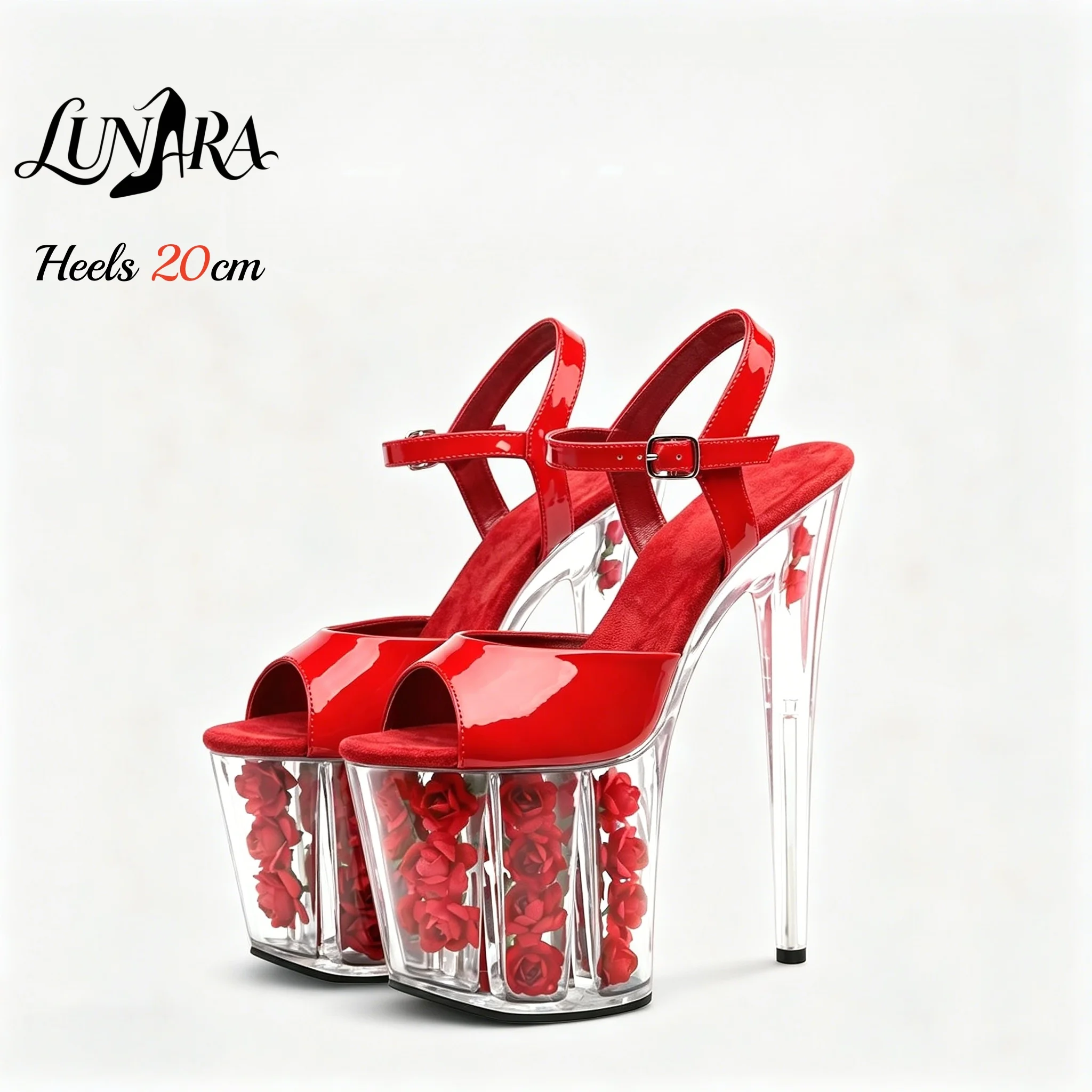 

Women's Red High Heel Stiletto Sandals 20cm Platform Elegant Prom Dance Rose Shoes Clear Transparent Flower Buckle