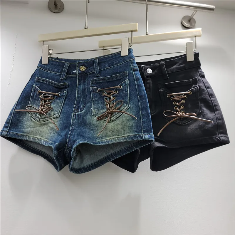 HKSH Women Denim Shorts American Style Vintage Bandage Design Distressed Washed Niche Trendy Hot Pants New Spring Summer HK27120