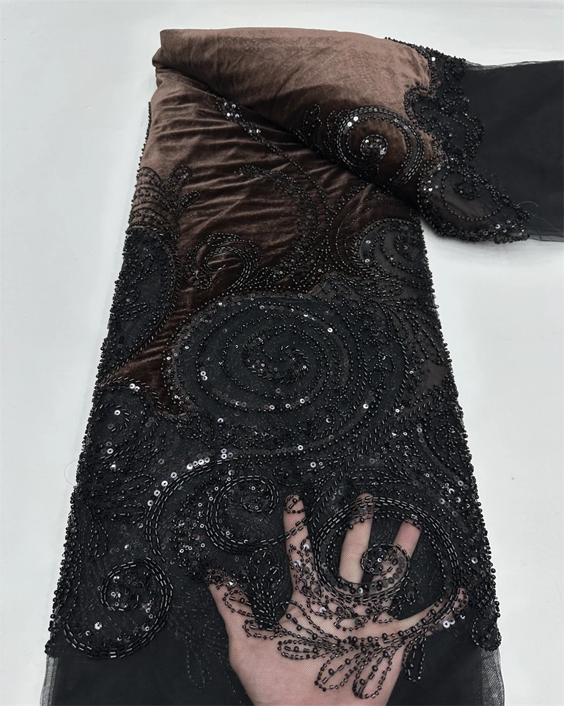 Luxury Velvet Lace Fabric 5 Yars High Quality Black Beaded Lace Fabric Fashion Sequin African Laces Fabric For Women
