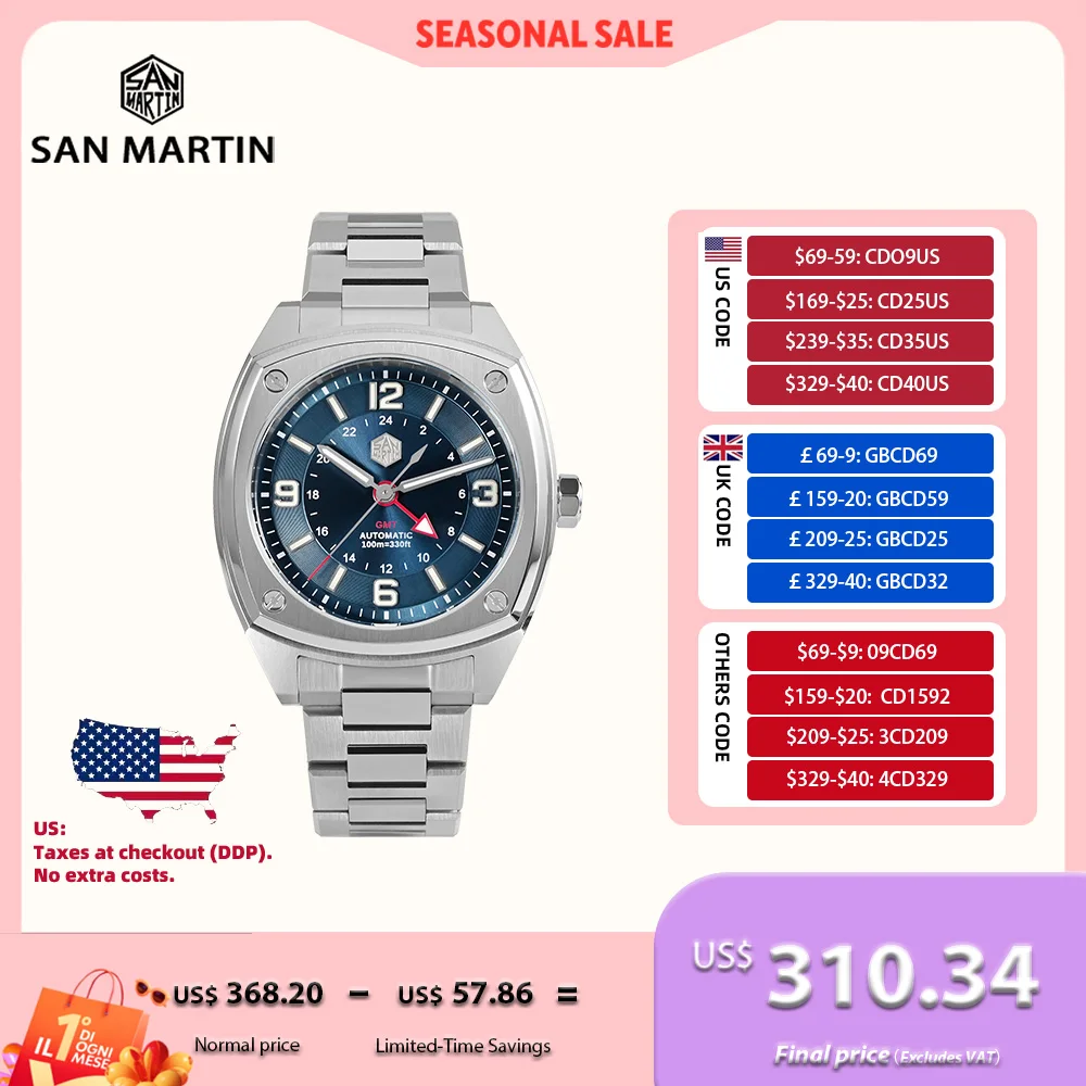 

San Martin 39.5mm Original 6460 Square GMT Watch For Men Mechanical Wristwatch Automatic Watches Sports Waterproof 10Bar SN0026C