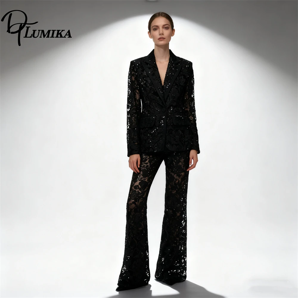 Illusion Lacce Suit Set for Women Slim Fit Formal Business Dinner Party Pageant Suit 2-Pieces Jacket Pants One Button Tuxedo