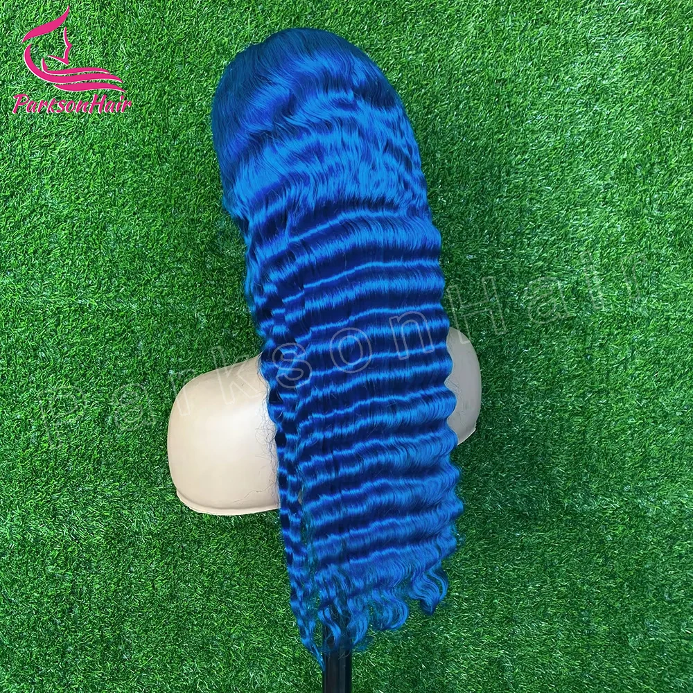 Picture 5: 13x6 Deep Wave Human Hair Wigs Blue Colored Lace Frontal Wig Pre Plucked Curly Human Hair Wig For Women 250% Density Clearance