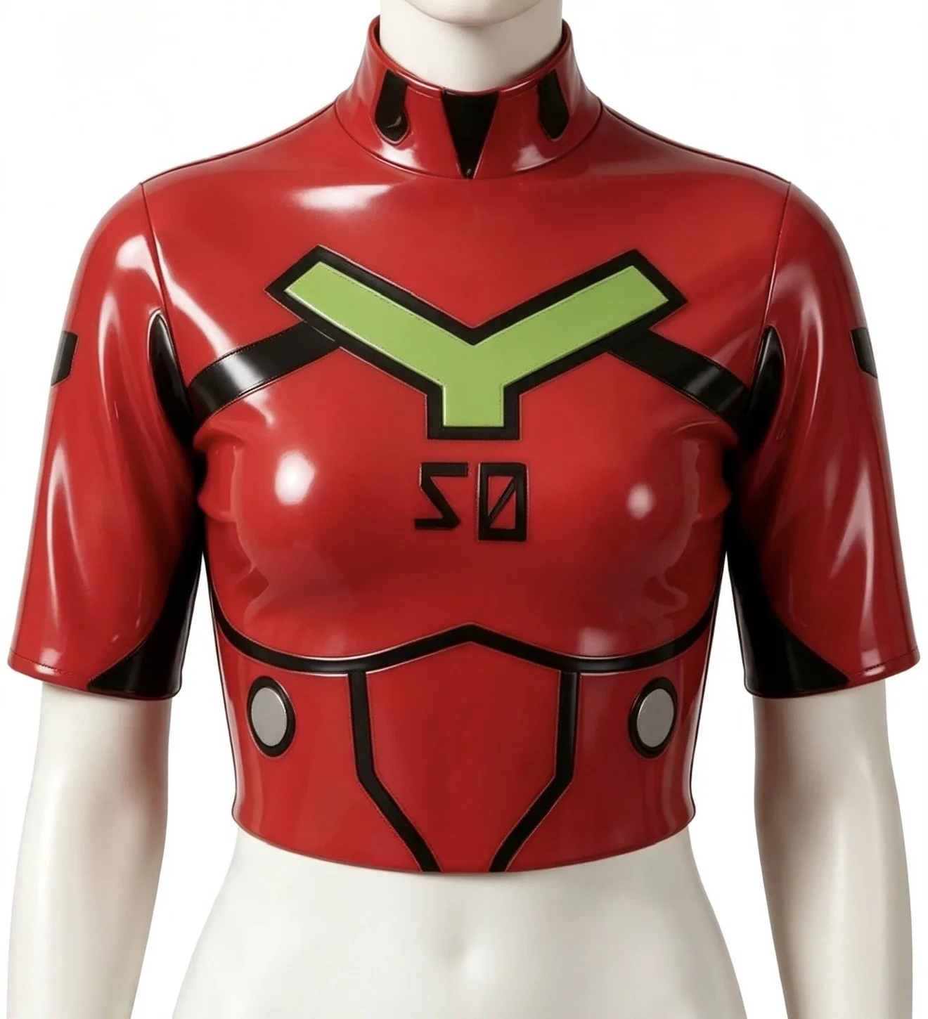 Women Glossy Red Latex Crop Top Stand Collar Short Sleeve Back Zip Latex Top Custom Club Party Wear