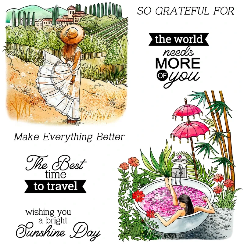 

Relaxing Summer Holiday Women Cutting Dies Clear Stamp DIY Scrapbooking Metal Dies Silicone Stamp Cards Albums Decor