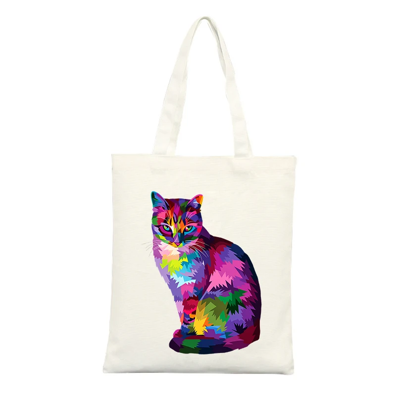 Colorful Cat Graphic Canvas Tote Bag, Artistic Print for Casual Shopping and Daily Use