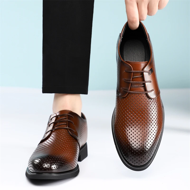 Men's Summer Breathable Leather Shoes Comfortable Anti-Slip Business Formal Derby Shoes Hollow Design British Style-SJ1685-1