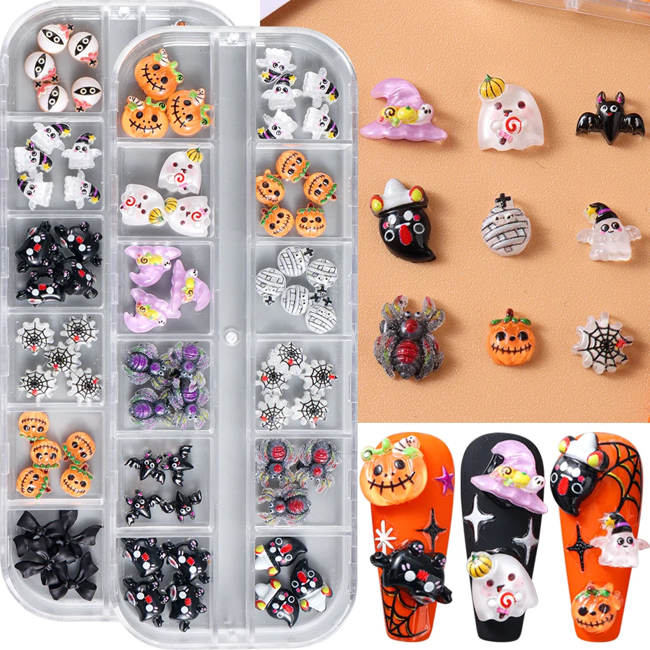 12 grades bonito assustador fantasma abóbora decorações da arte do prego aranha morcego halloween design gótico arte do prego jóias acessórios de manicure