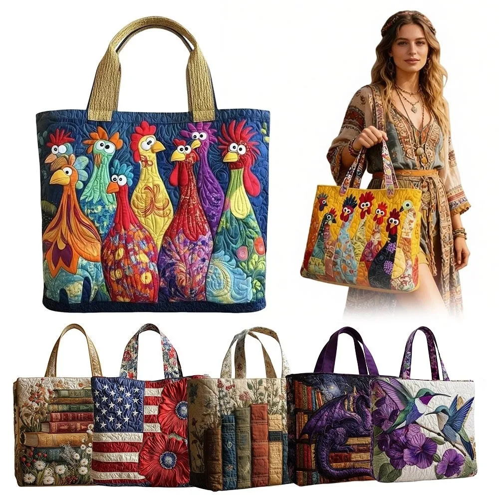 

Fashion Vintage Quilted Tote Bag 3D Printed Patterns Lightweight Travel Handbag Large Capacity Cotton Canvas Bag Casual