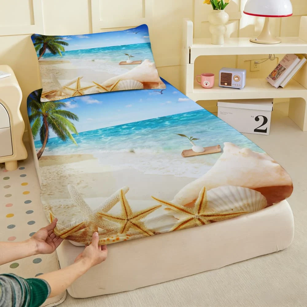 1pc Palm Tree, Starfish & Seashells Print Fitted Sheet Deep Pocket Elastic Mattress Cover Single Double Queen King Bedroom Decor
