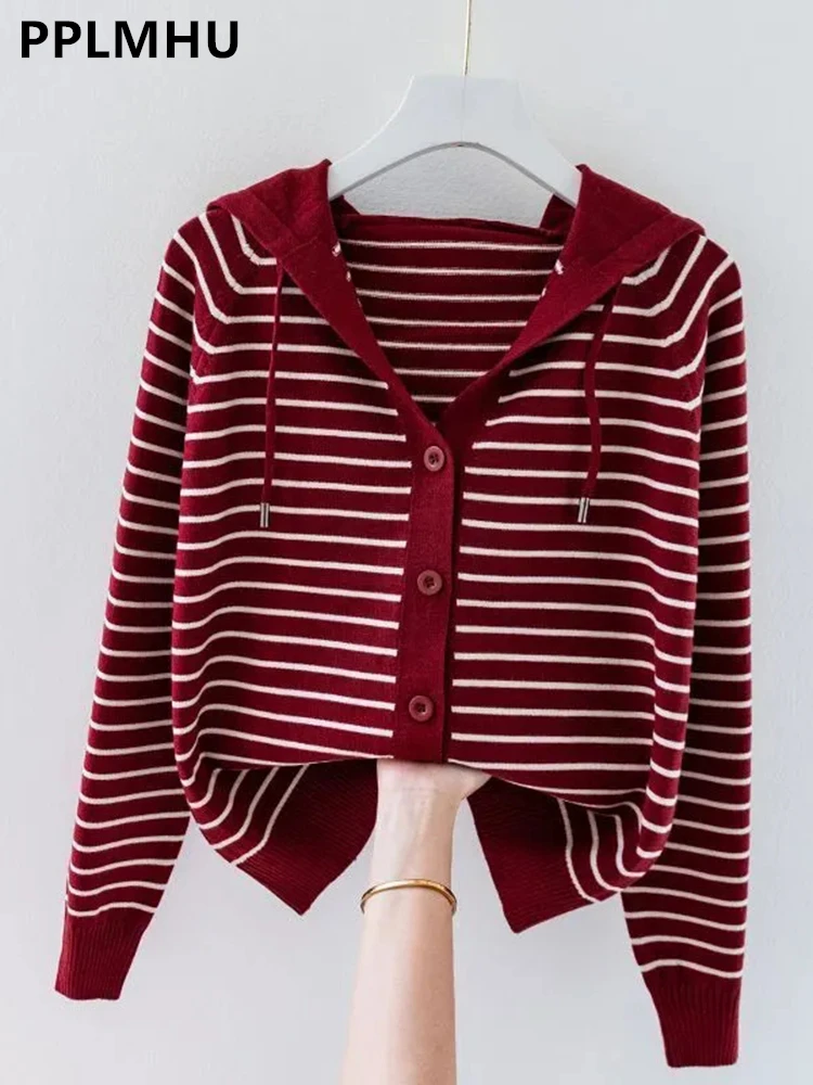 Stripe Hooded Sweater Sweatshirts Women Big Size 4xl Slim Cardigan Tops New Casual Knitewear Blouse Single Breasted Malhas Gilet