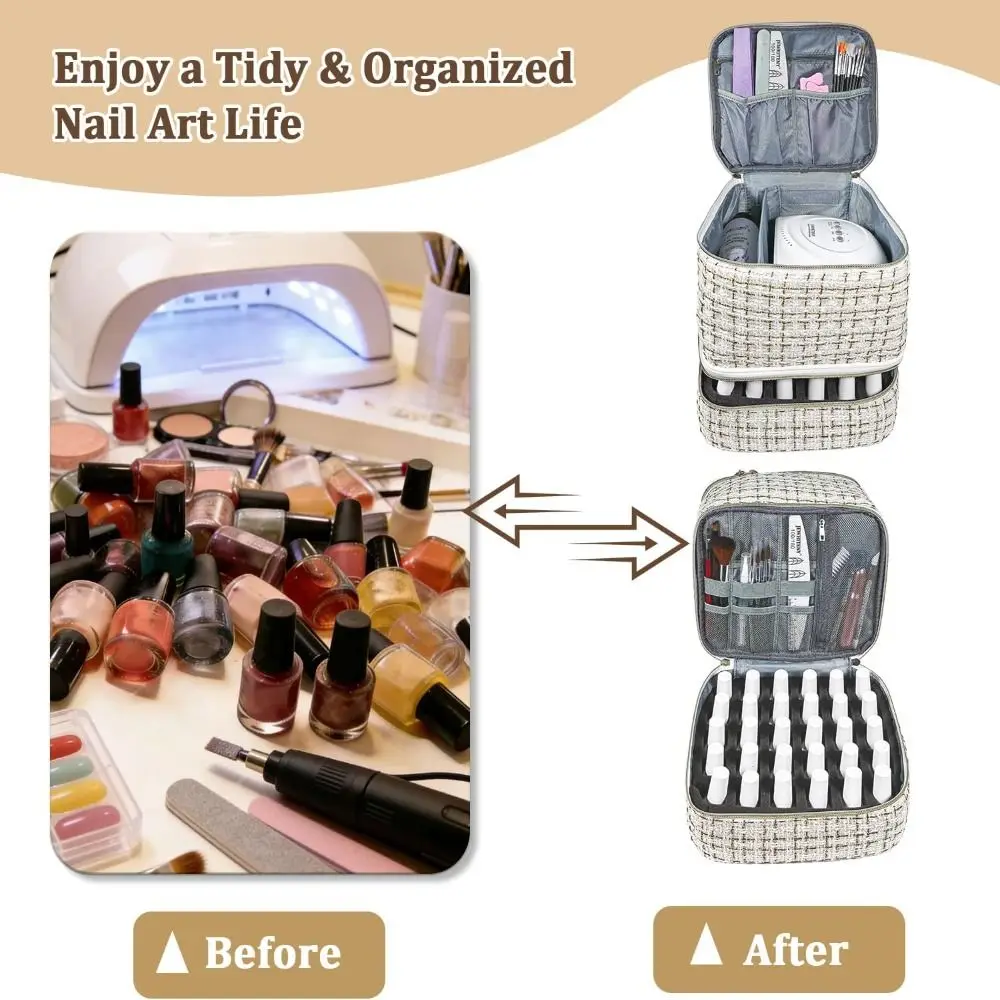 

Двухслойный органайзер для лаков для ногтей с регулируемыми разделителями, портативный кейс для переноски лаков, вмещает 30 флаконов и лампу для маникюра.