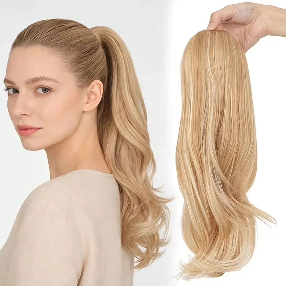 22'' Drawstring Ponytail Extension, Long Wavy Layered Pony Tails Hair Extensions Synthetic Clip in Ponytail Hairpiece for Women