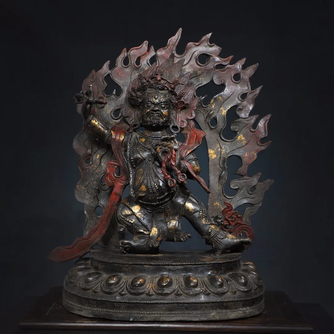 

18"Tibetan Temple Collection Old Bronze Cinnabar Mud gold Vajrapani Bodhisattva Buddha Backlight Lotus Platform Worship Hall