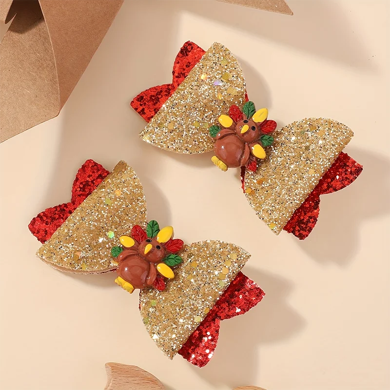 

2Pcs Baby Girl Thanksgiving Turkey Bow Hairpin Glitter Bowknots Hair Clips Holiday Party Kids Headwear Hair Accessories