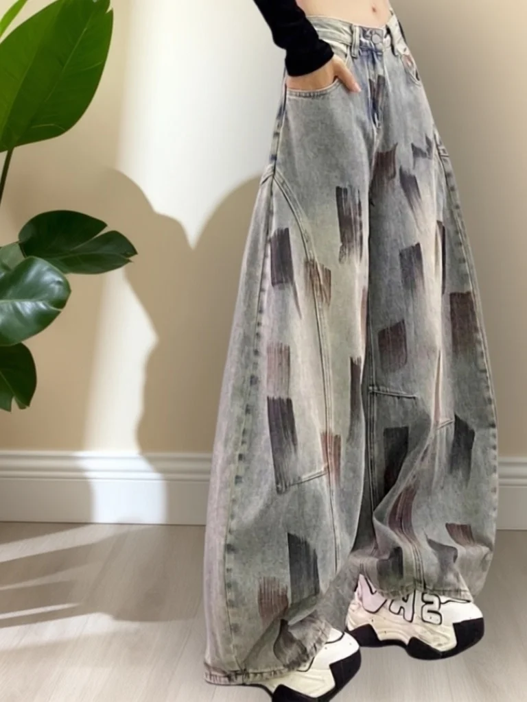 

Spring Vintage Painted Print Splicing Loose Wide Leg Jeans High Waist Casual Style Adult Women's Premium Feeling Fashionable ...