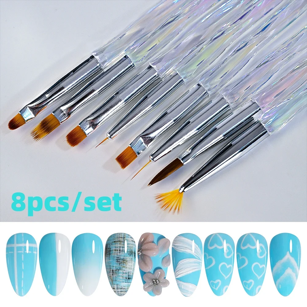 

8Pcs Nail Brush Manicure Glue Phototherapy Brush UV Gel Painting Carving Pen Nail Art Drawing Liner Acrylic Professionnel Tools*