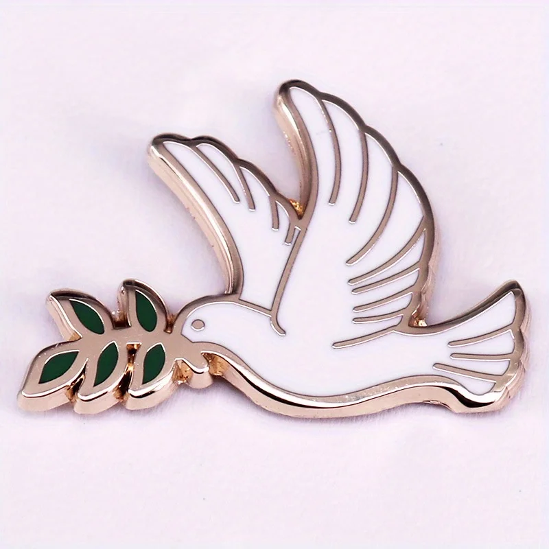 Peace Dove Olive Branch Enamel Brooch Pin Animal Dove Badge - Detail 1