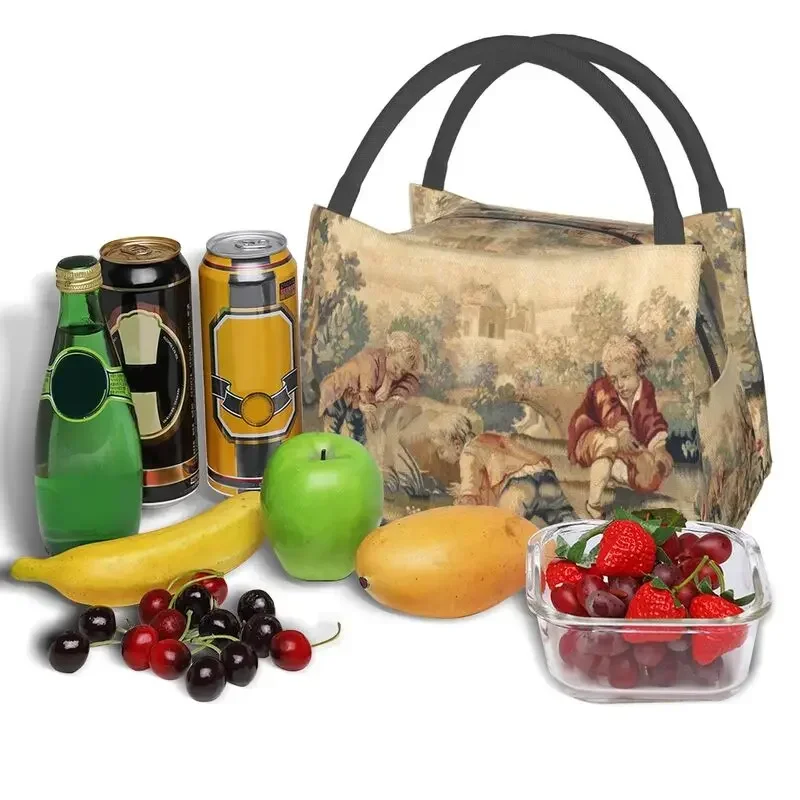 Aubusson Antique Tapestry Print Insulated Lunch Bag for Camping Travel Boho French Flowers Leakproof Thermal Cooler Lunch Box