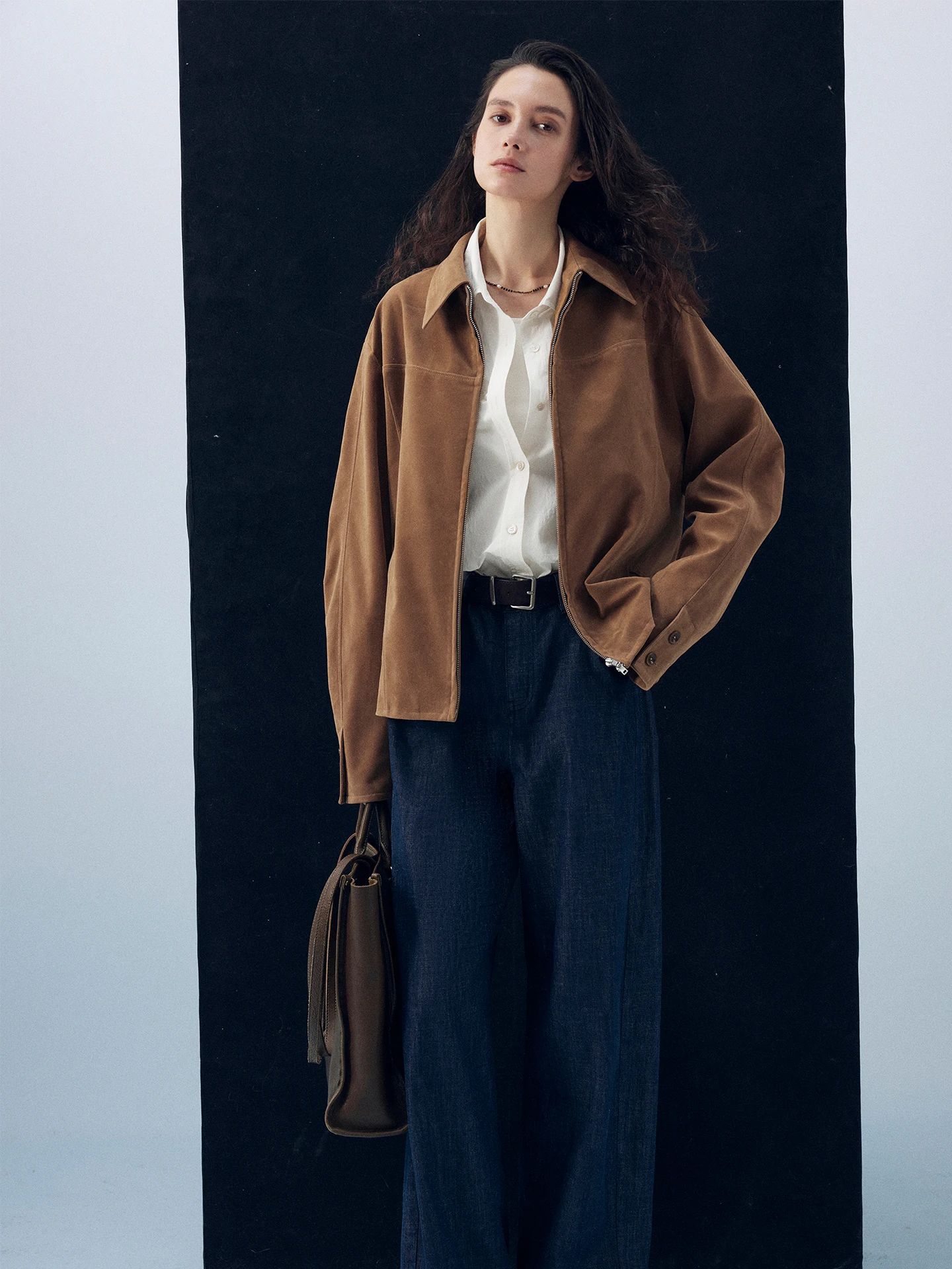 Moofeel Retro Suede Jacket Low Waist Commute Casual Outerwear for Women Spring 2026 Zipper Closure Long Sleeve Classic Color