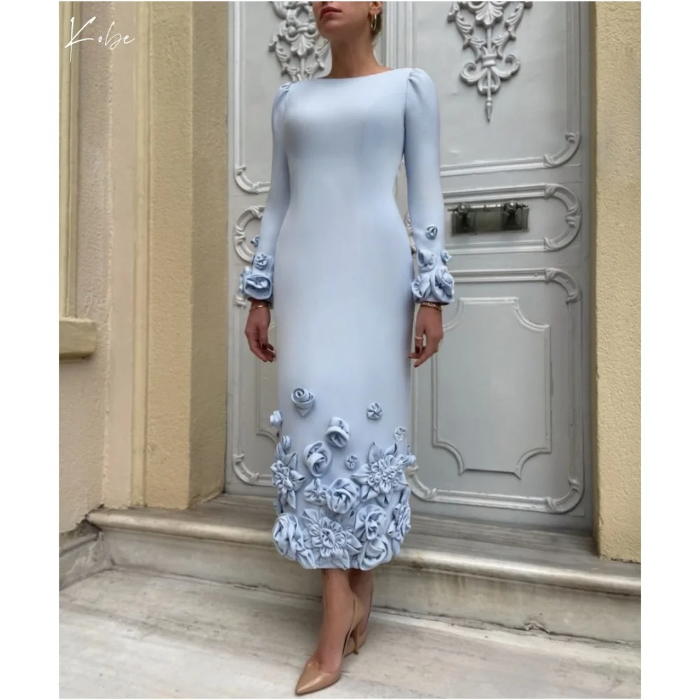 Kobe Blue 3D Flower Mom Pretended Prom Dress Four-Way Stretch O-Neck Wedding Dresses Long Sleeves vestidos de noche Customized