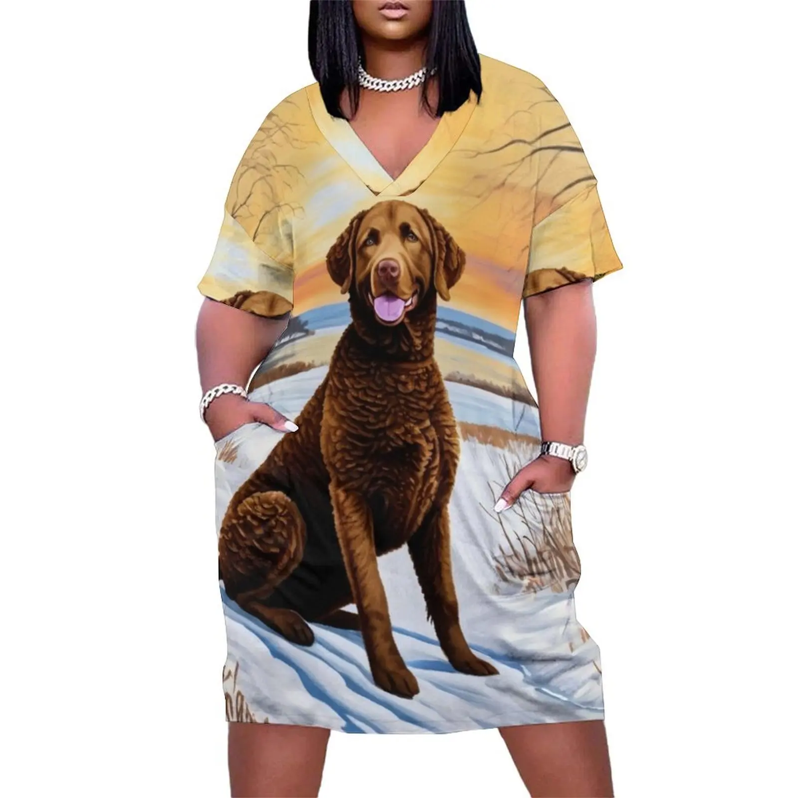 

Curly Coated Retriever in the Winter Landscape Loose Pocket Dress prom dress women's evening dresses