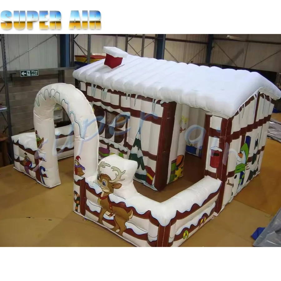 6mLX4mWX3.5mH Kerst opblaasbaar houten huis, opblaasbaar winterhuis met aangepast ontwerp voor verhuur