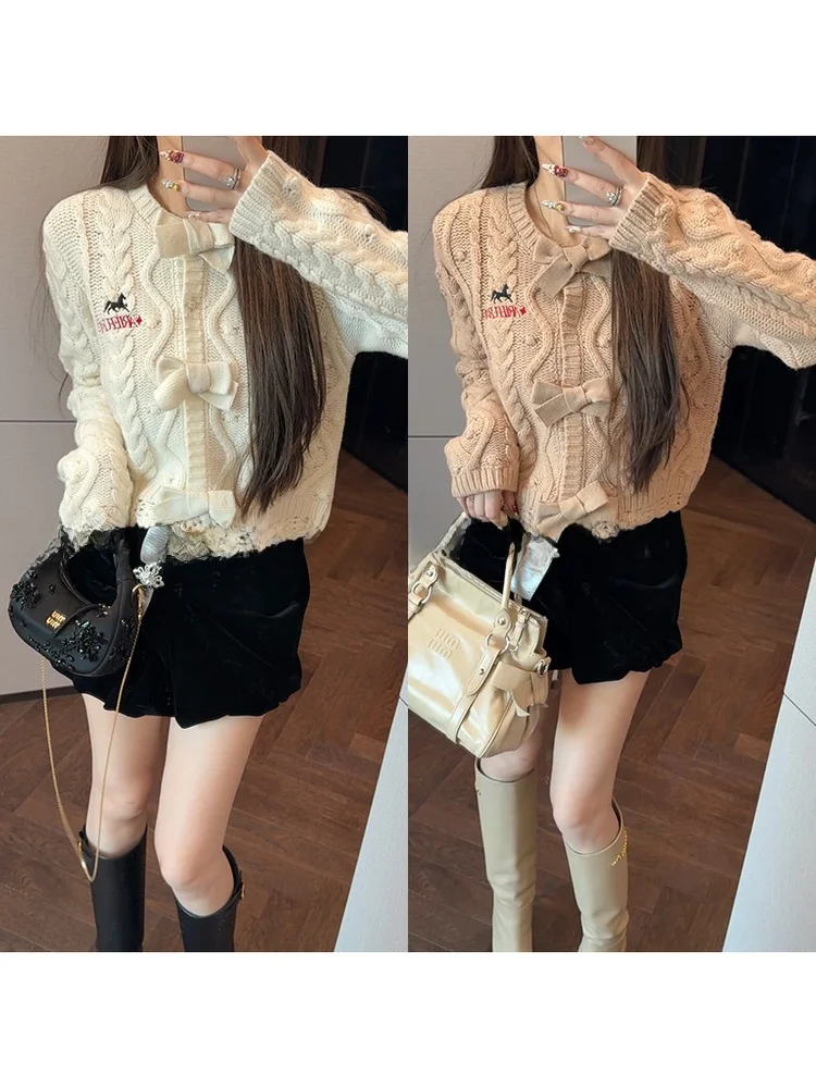 

Вязаный шерстяной свитер Mimius Early Spring с узором «косичка» и небольшим вышитым узлом, открытый кардиган