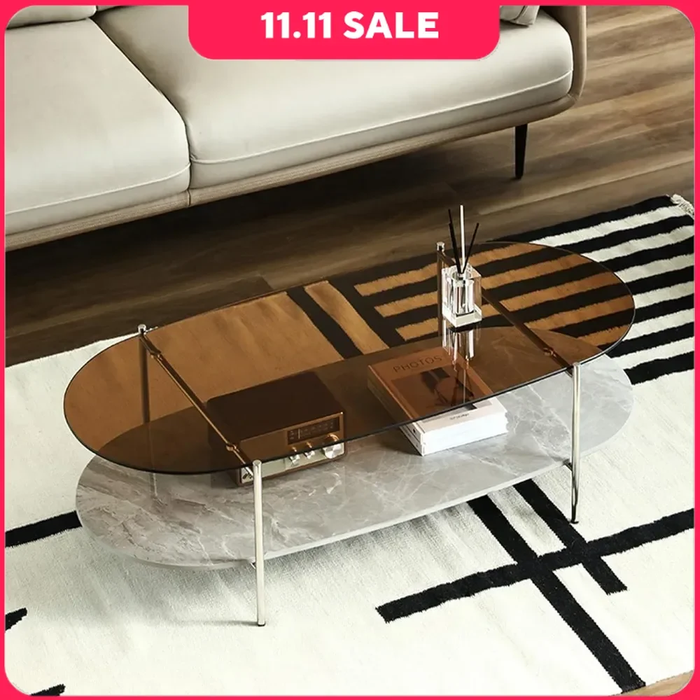 

Glass Coffee Table, 2-story Modern Glass Coffee Table, Oval Coffee Table Suitable for Living Room
