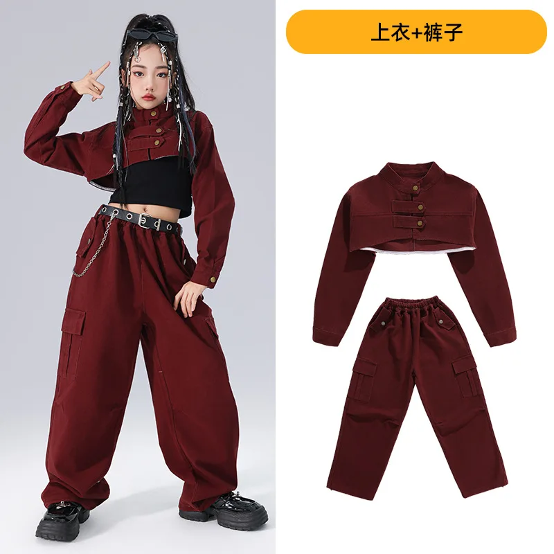 2024 Hip Hop Dance Costumes For Girls Red Crop Tops Cargo Pants Streetwear kids Street Dance Costume Girls Jazz Performance Suit