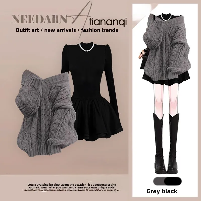 Suéter Vintage de Tricô de Outono Vestido de Um Ombro com Efeito Emaecido Conjunto de Moda Fena Casual para Adultos