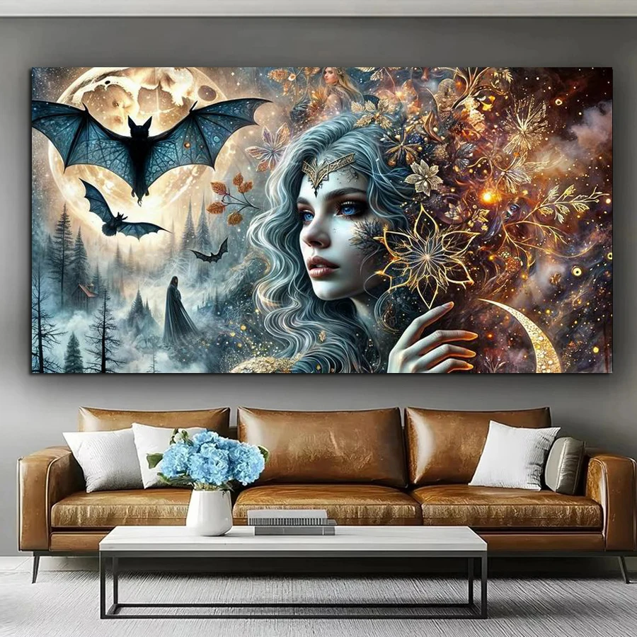 

Fantasy Woman Moon Bat Large Size Diy Mosaic Embroidery Pictures New Diamond Painting Full Jewelry Cross Stitch Kits Wall Decor