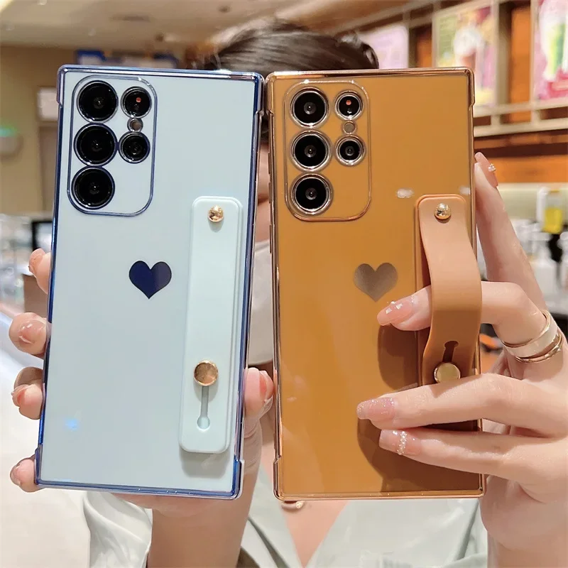 Wrist Strap Holder Plating Side Love Heart Phone Case For Samsung Galaxy S26 S25 S24 S23 Ultra A53 Shockproof Back Cover