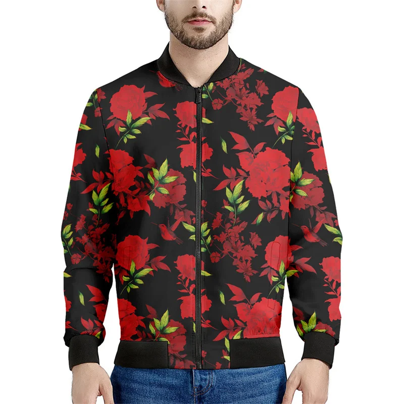 Rose Flower 3d Printed Men's Bomber Jacket Spring Autumn Floral Graphic Sweatshirt Women Tops Street Long Sleeves Zipper Coat