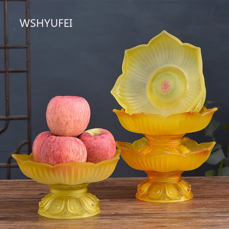 Liuli Glass Lotus Offering Plate with High Foot Base Scalloped Edge and Carved Floral Design for Buddhist Altar and Home Decor