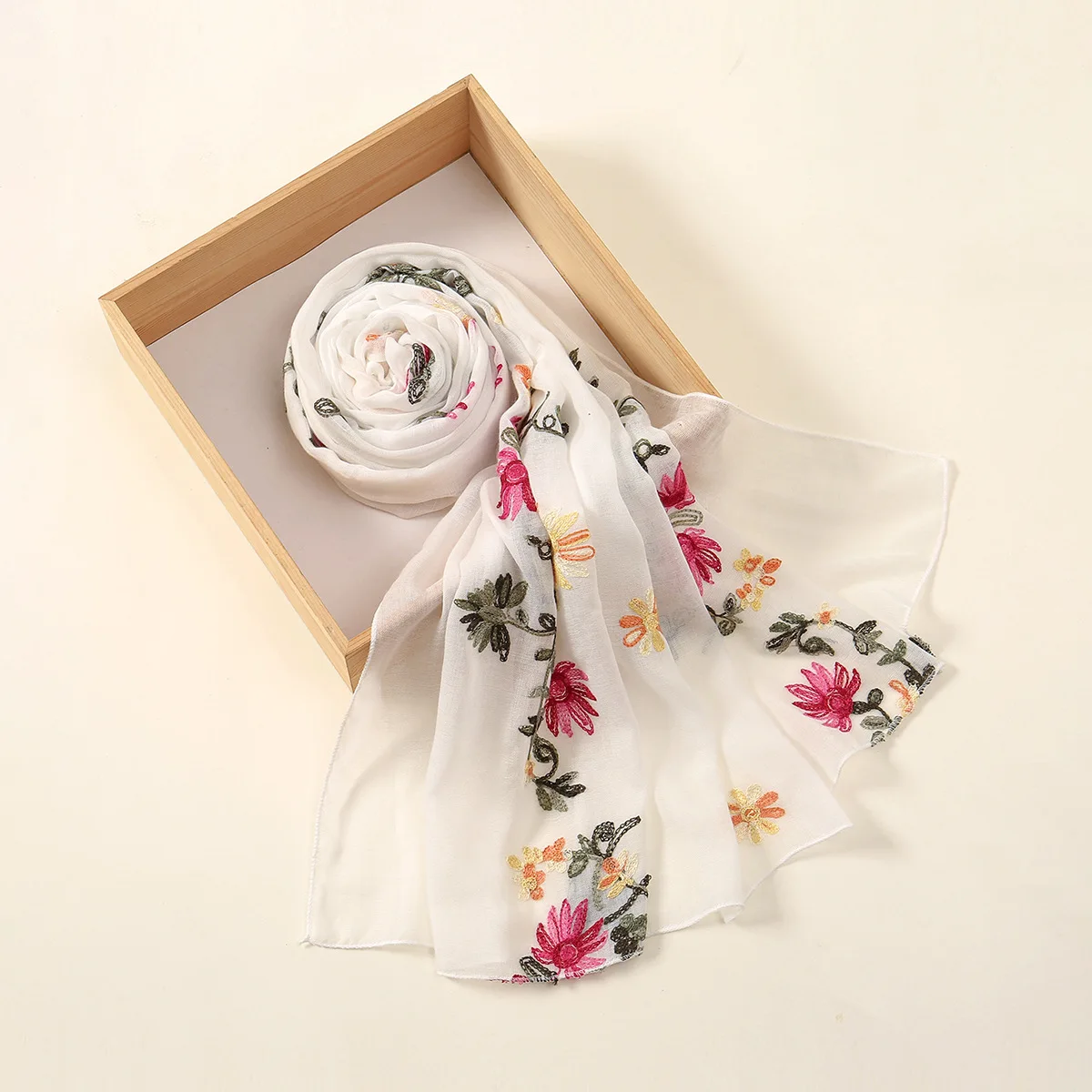 New Floral Embroidered Polyester Long Scarf for Women, Lightweight Breathable Cotton Linen Stitch Shawl Soft Fashion Cross