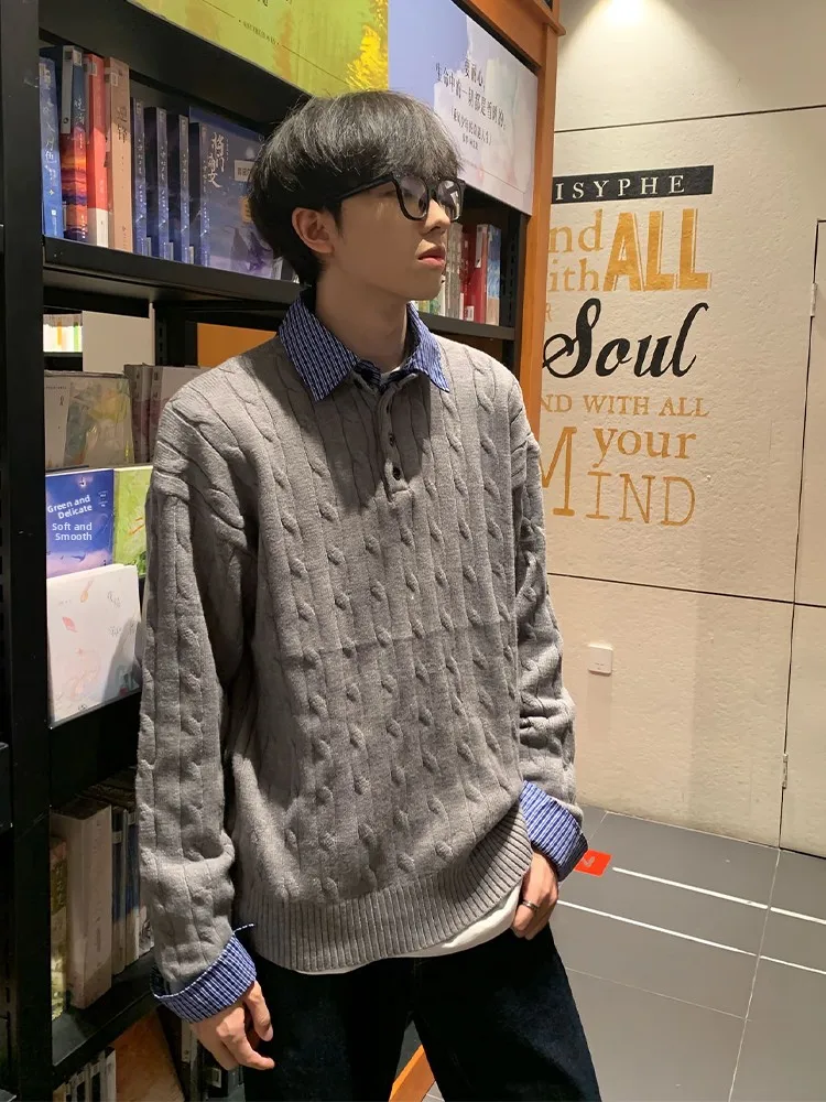 

Мужской свитер с воротником, вязаный, повседневный, свободного кроя, из шерстяной ткани средней плотности, износостойкий, с длинными рукавами