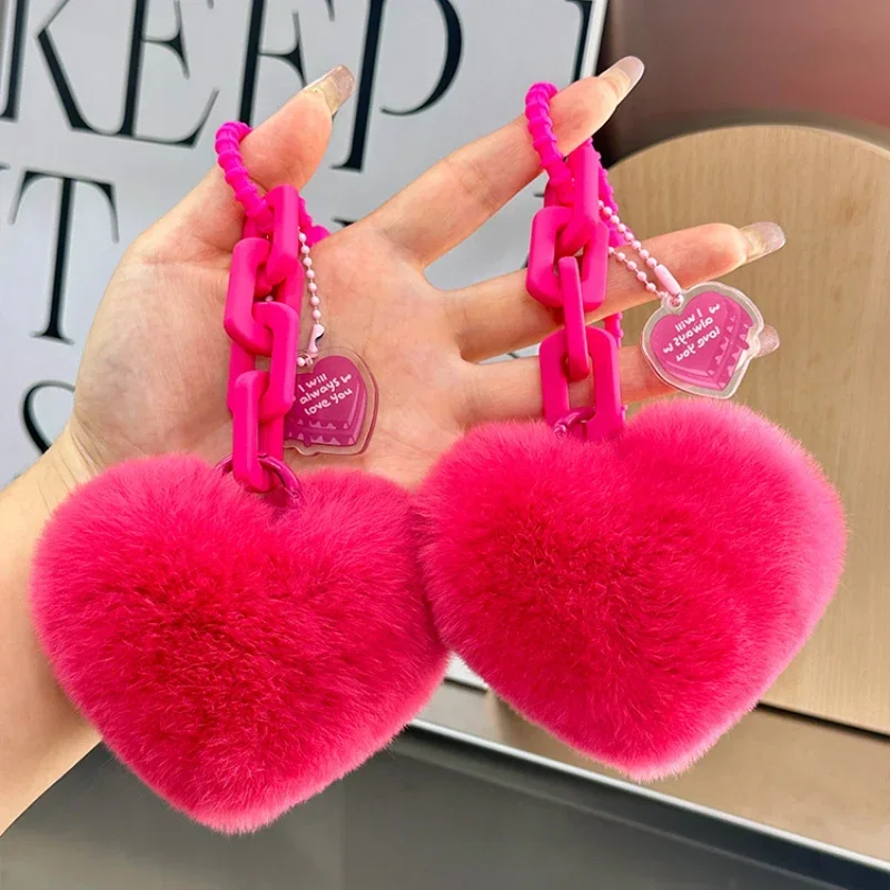 Wholesale Real Rex Rabbit Fur Heart Keychain Creative Silicone Cute Heart Bag Charm Car Keychain Decoration Accessories Gifts