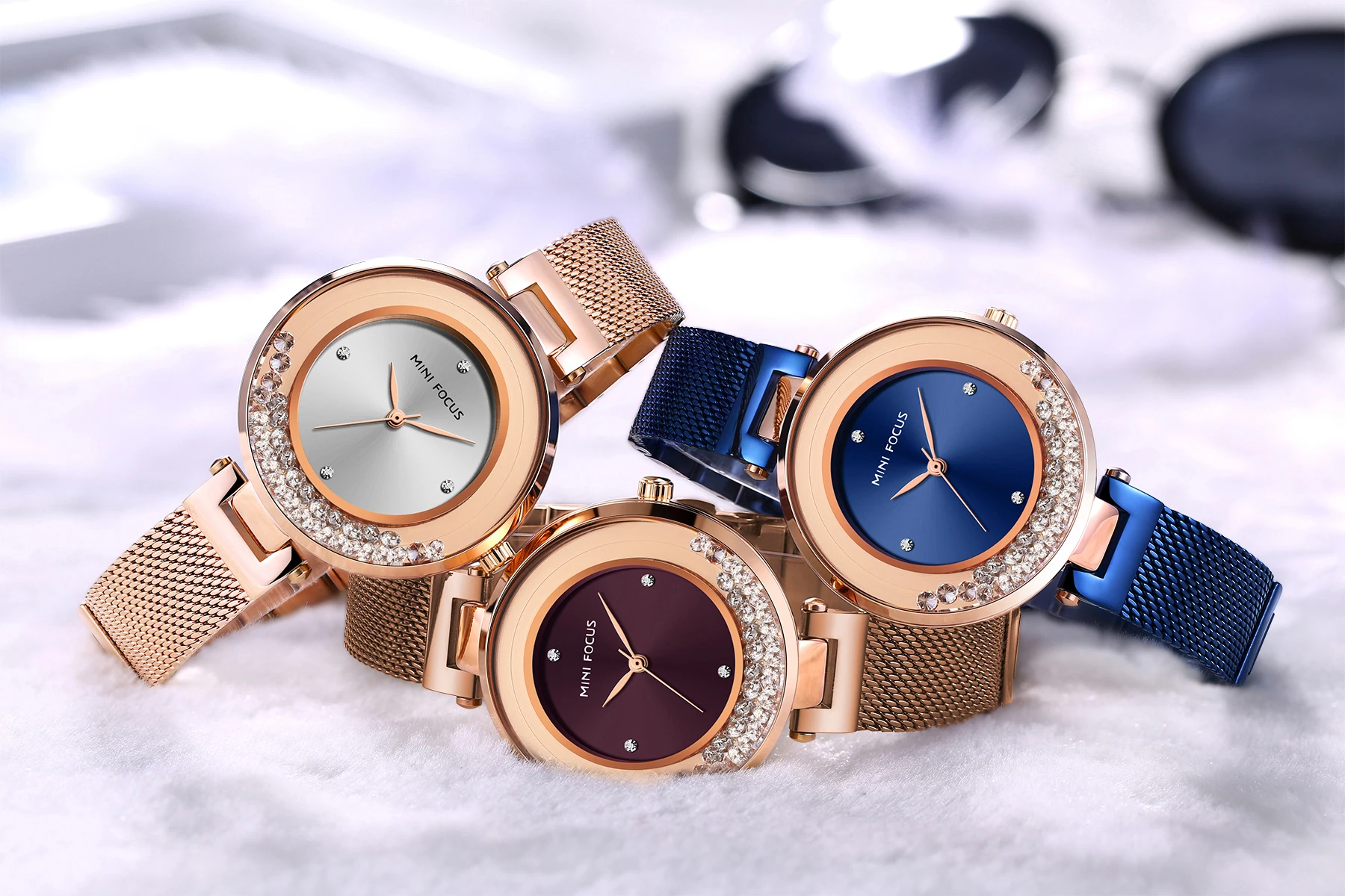 MINI FOCUS MF0254L Unique Design Diamonds Dial Watch Fashion Waterproof Mesh Stainless Steel Band Women Quartz Watches