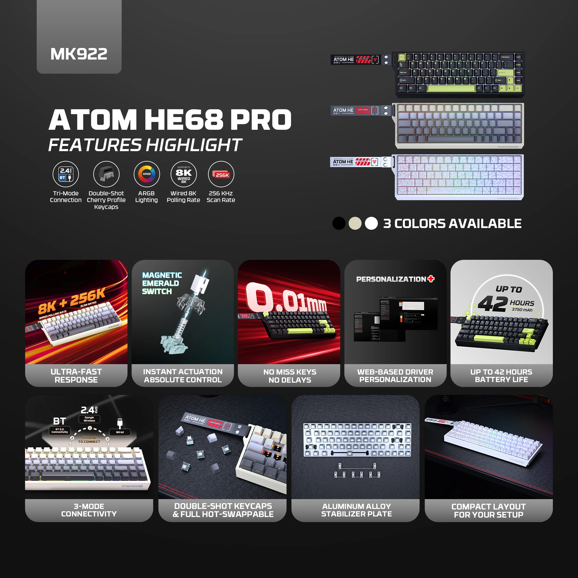 FANTECH ATOM HE68 PRO Wireless Mechanical Keyboard 8K Polling Rate Magnetic Switches and PBT Keycaps Web Macro Gaming Keyboard