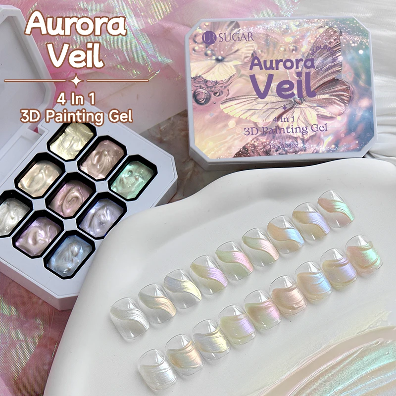 

UR SUGAR 9 Colors Aurora Texture 3D 4 In 1 Painting Gel Palette For Nail Art Relief Design Gradient Stamping UV/LED Soak Off