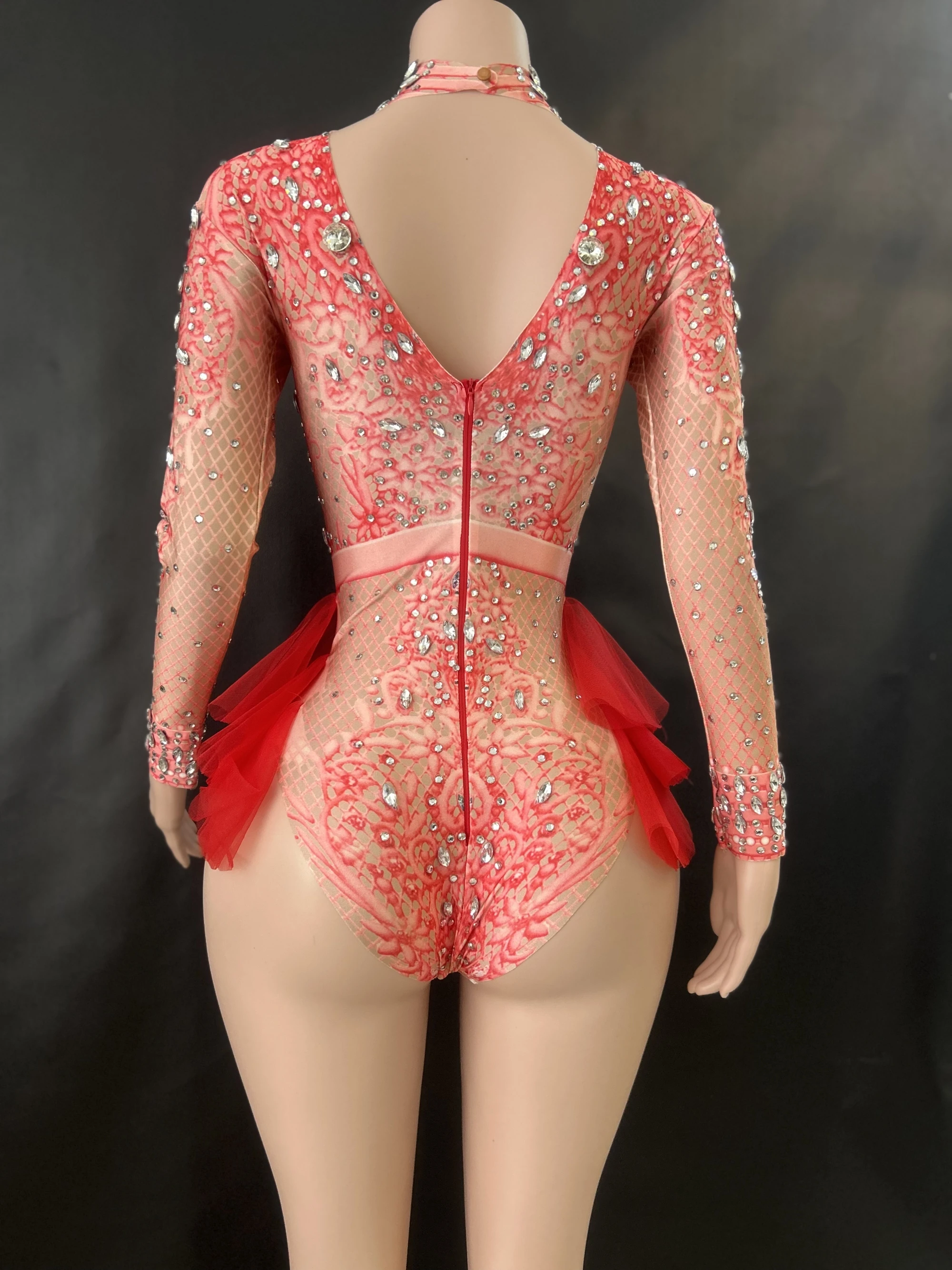 Strass feminino babados stretch bodysuit, traje de baile de boate, cintas de bar, palco cantor, show dance, moda rosa, vermelho, 7g