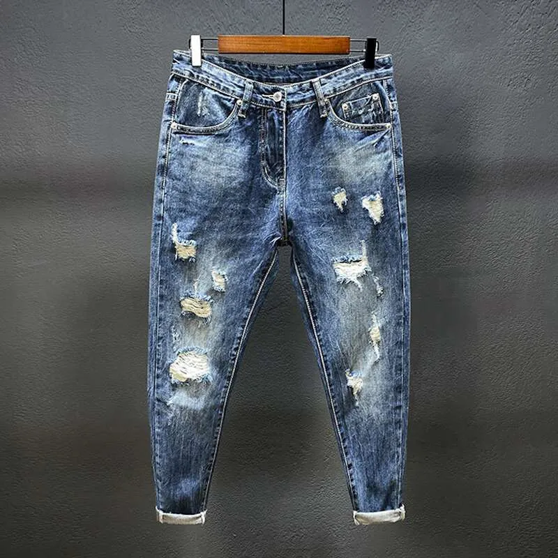 

Men's Broken Blue Ripped Nine Point Jeans Fashion Slim Fit Small Feet Breakthrough Denim Pants