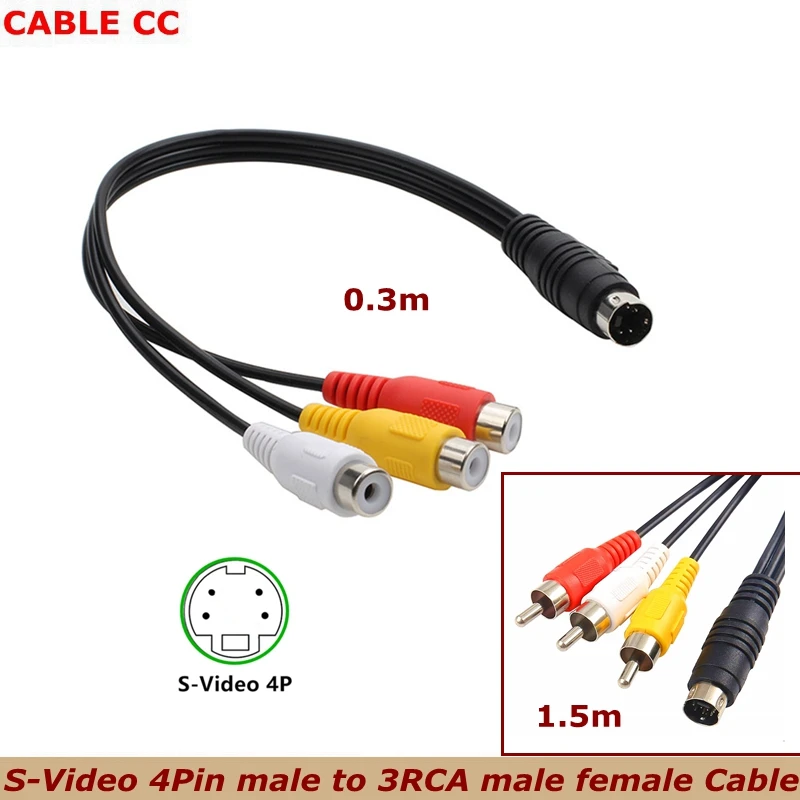 30cm 150cm Mini DIN 4-pinowe S-wideo męskie do 3 RCA męskie AV Audio wideo kabel Adapter DVD PC TV