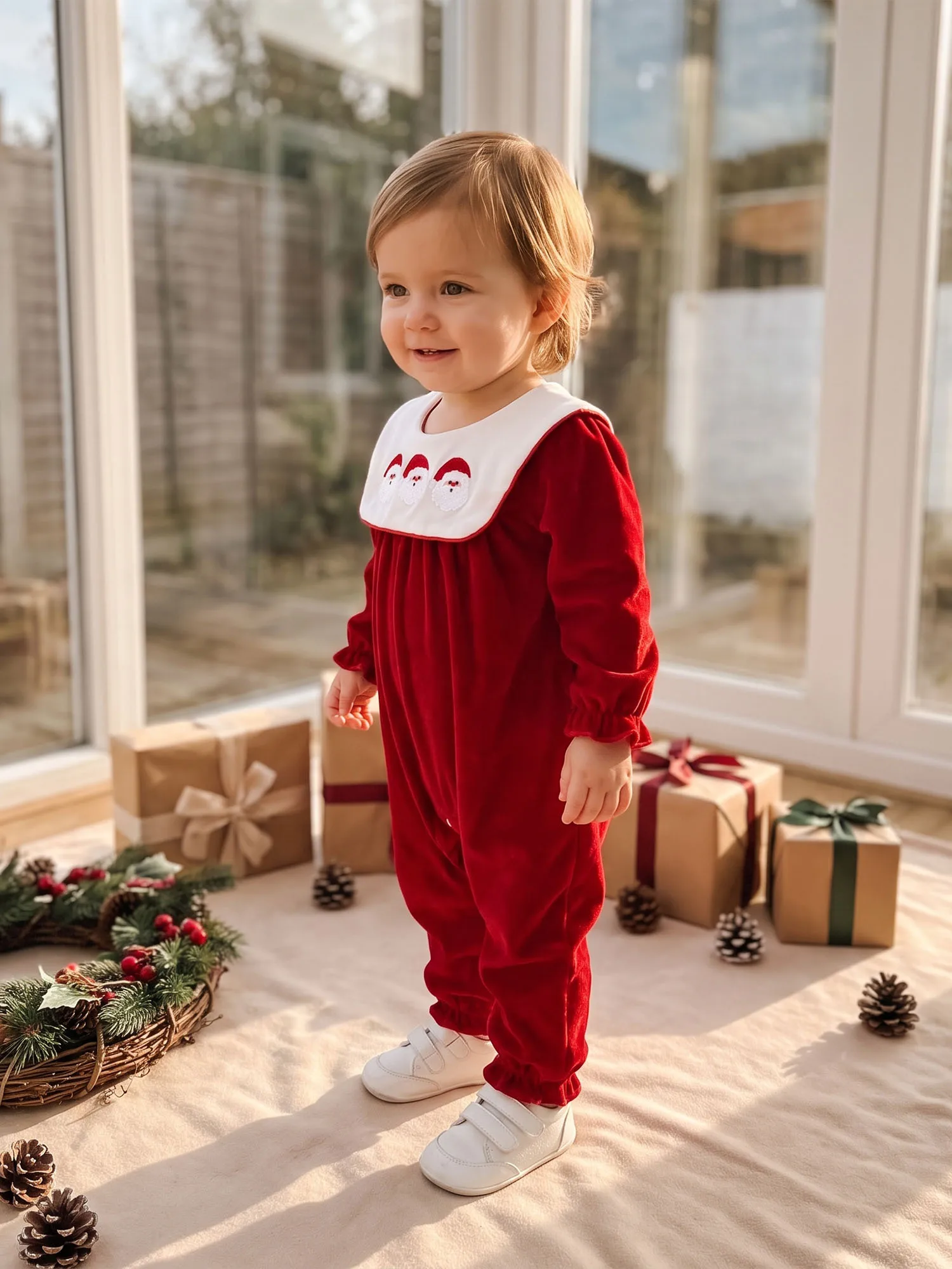 Christmas Romper Tree Santa Embroidery Neck Long Embroidery Romper Tree Baby Christmas Romper Embroidery Crew