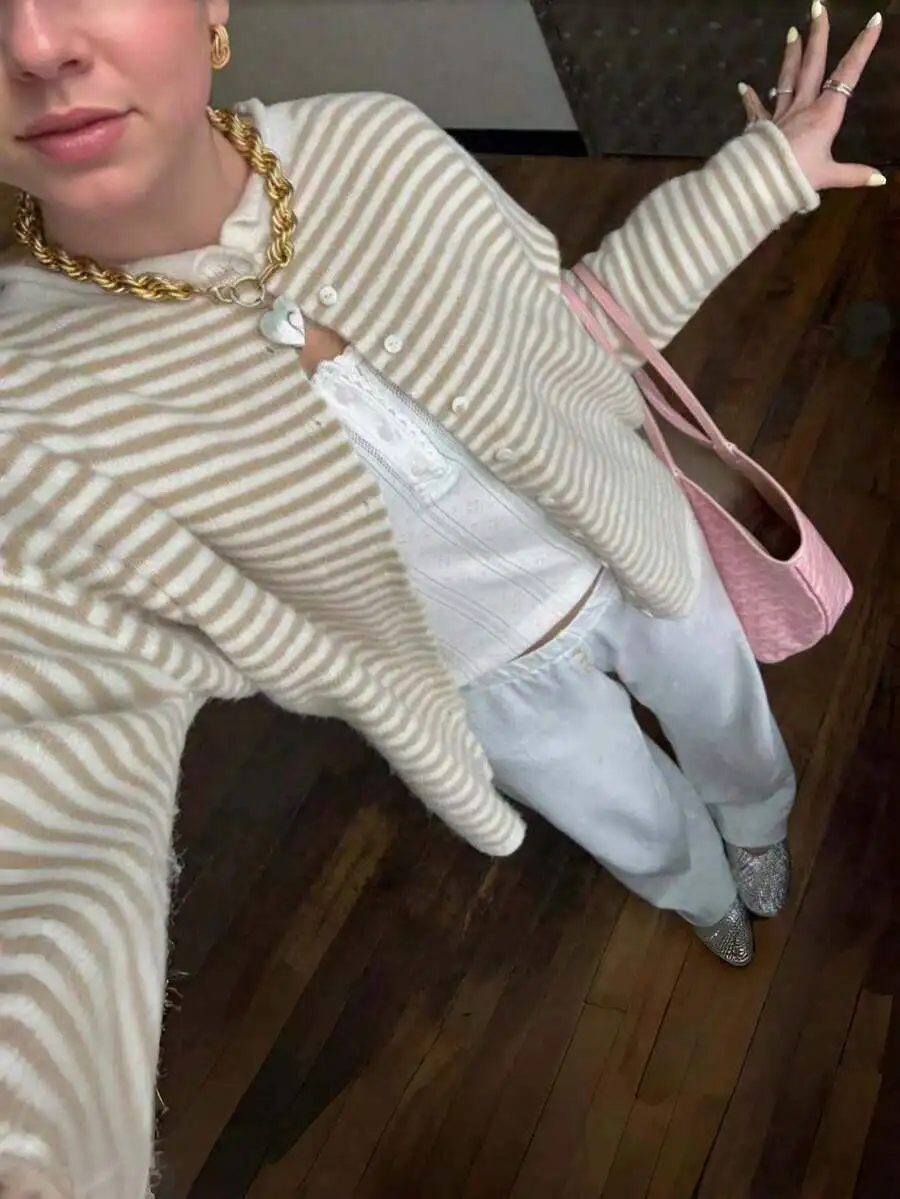 

Loose Striped Knit Cardigan Jacket For Women Casual Streetwear Outfit