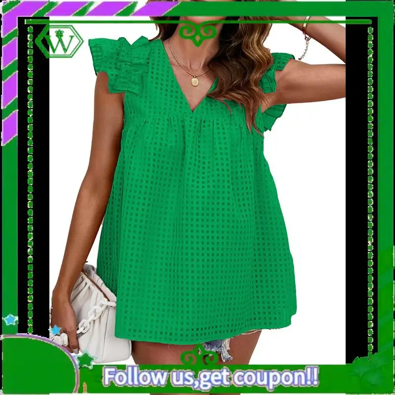 A18P-เสื้อสตรีคอวีRuffle Babydoll - Sheer Peplum Top, Flowy Casual Loose Fit,เสื้อฤดูร้อนของผู้หญิง