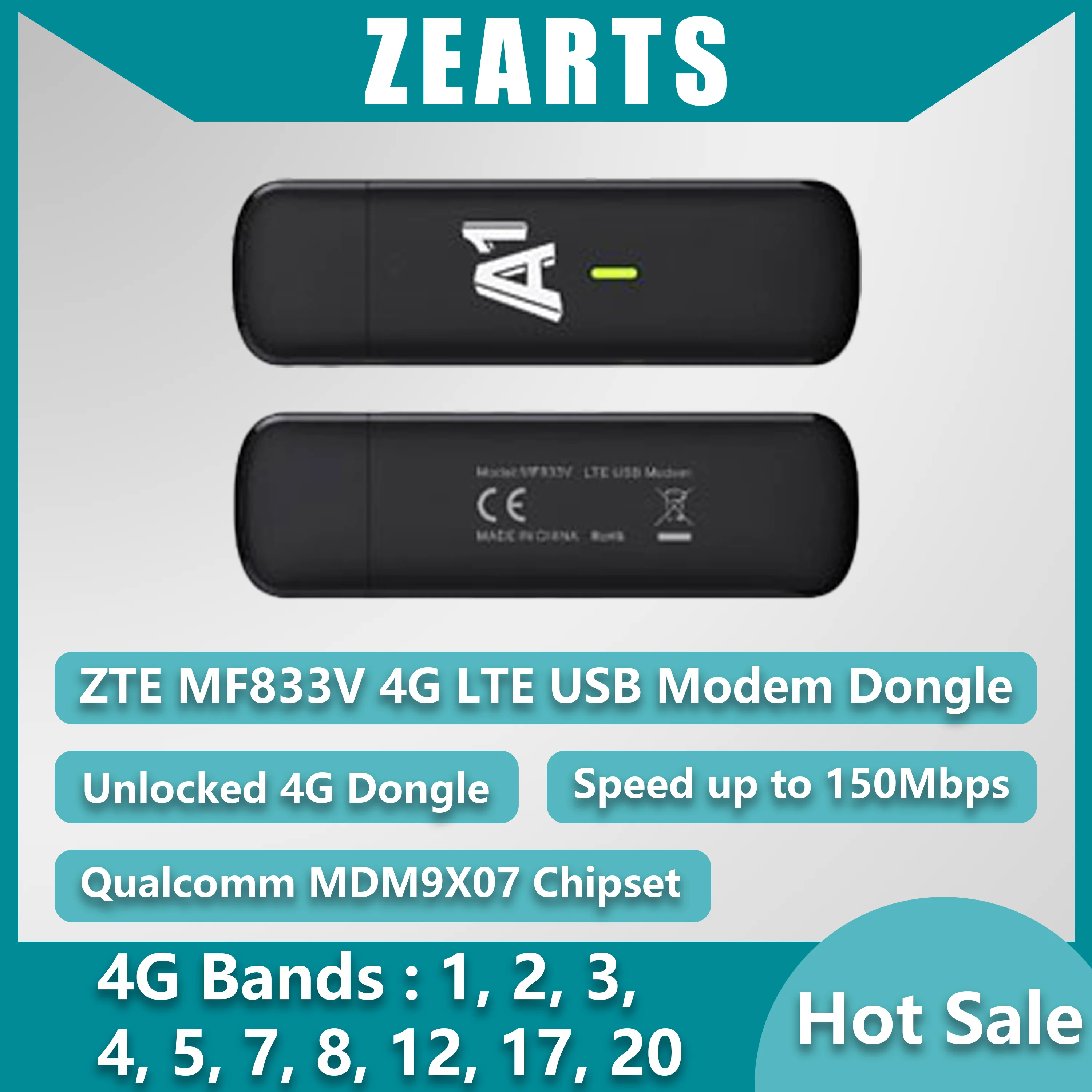 

ZEARTS MF833V Unlock 4G LTE USB Modem Dongle, an IoT Device, LiveU Compatible（99%new random to ship）